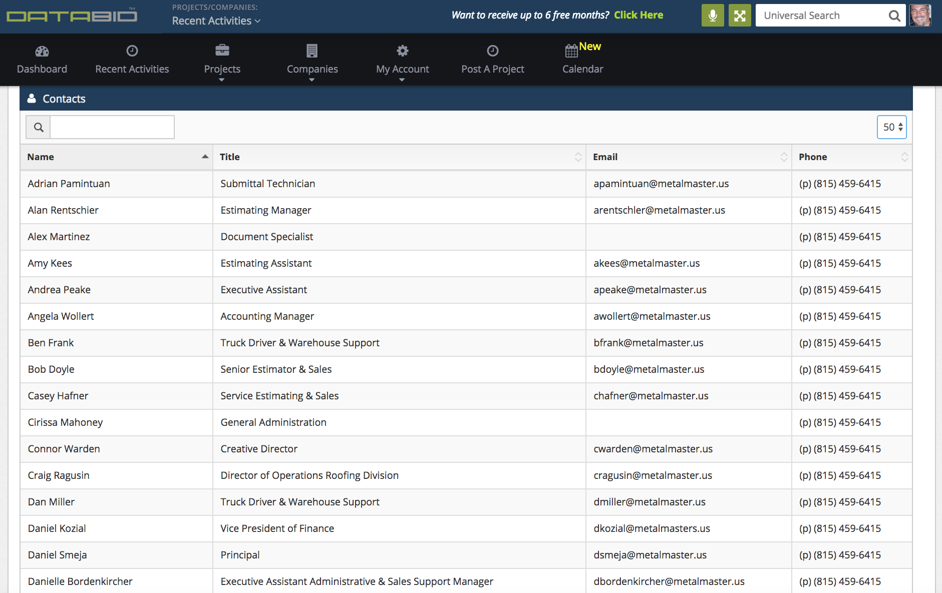 DataBid Contacts Page