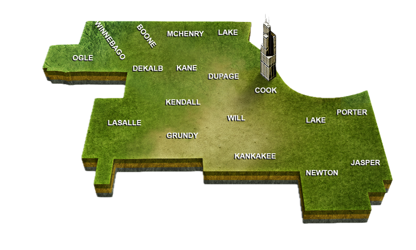 Illustrated map of Chicagoland and Northwest Indiana coverage counties