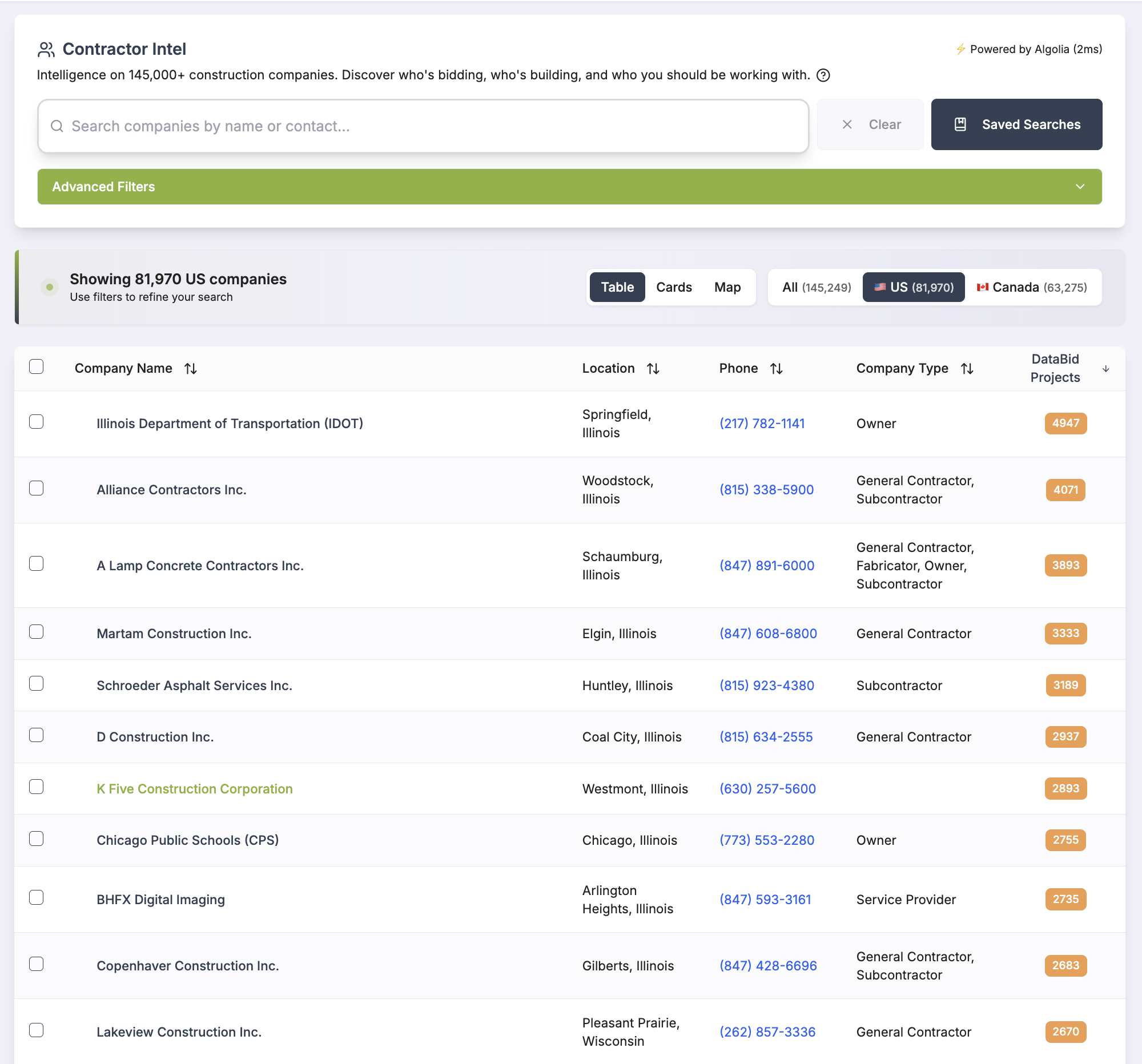 DataBid Company Directory interface showing searchable database of 150,000+ construction companies