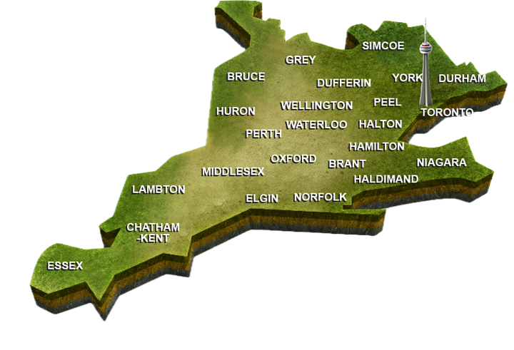 Illustrated map of Southern Ontario coverage areas